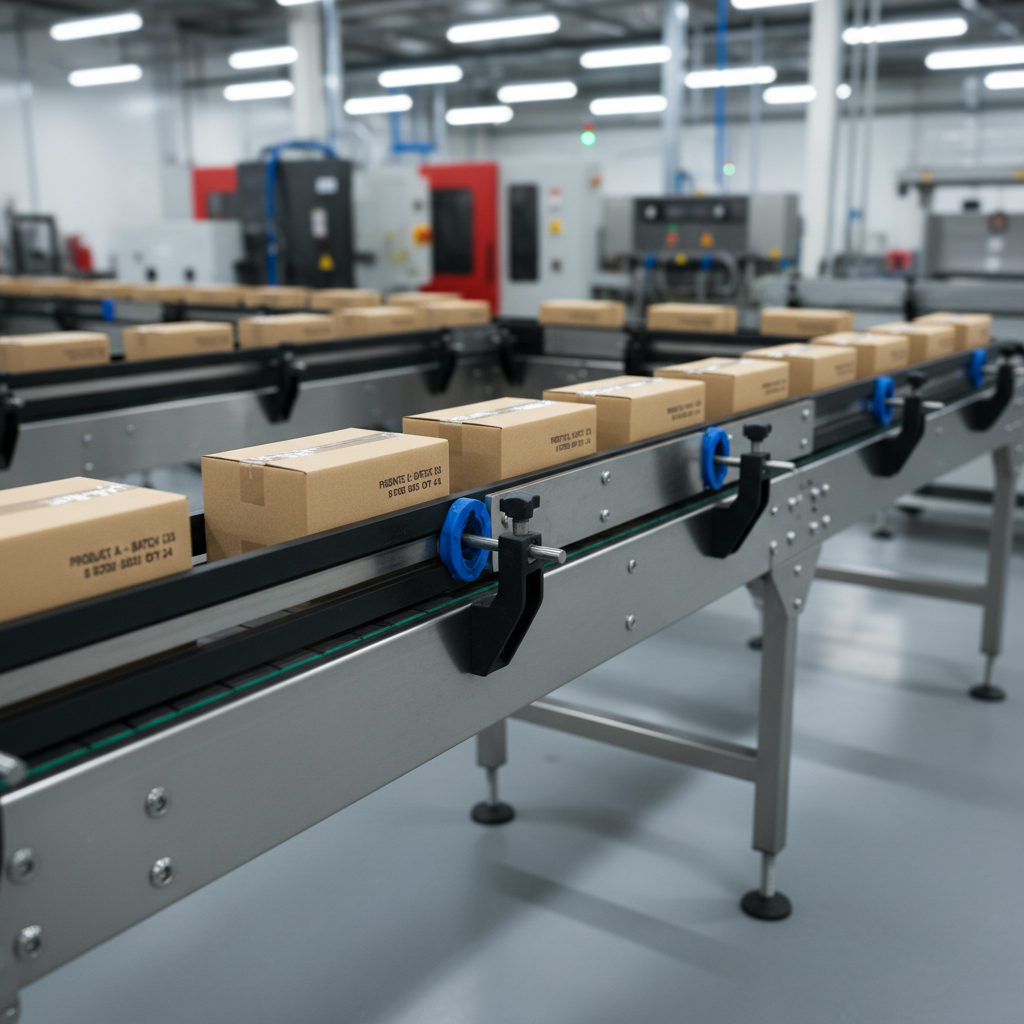 A close-up of a robust stainless steel conveyor system carrying neatly arranged cartons in perfect alignment, each carton sharply defined to show consistency and order. The conveyor belts are dark, high-grip material with precisely machined side rails and adjustable guides, mounted on heavy-duty, height-adjustable legs. The setting is a bright, organized production floor with blurred machinery in the background to suggest a larger automation system. Cool white overhead factory lighting produces crisp reflections on metal surfaces and gentle shadows beneath the conveyor frame. Captured from a slightly elevated three-quarter angle, the composition uses shallow depth of field to keep the cartons and conveyor in razor focus while softening the background. The atmosphere is controlled, reliable, and efficient, rendered in clean photographic realism for a professional packaging automation brand.