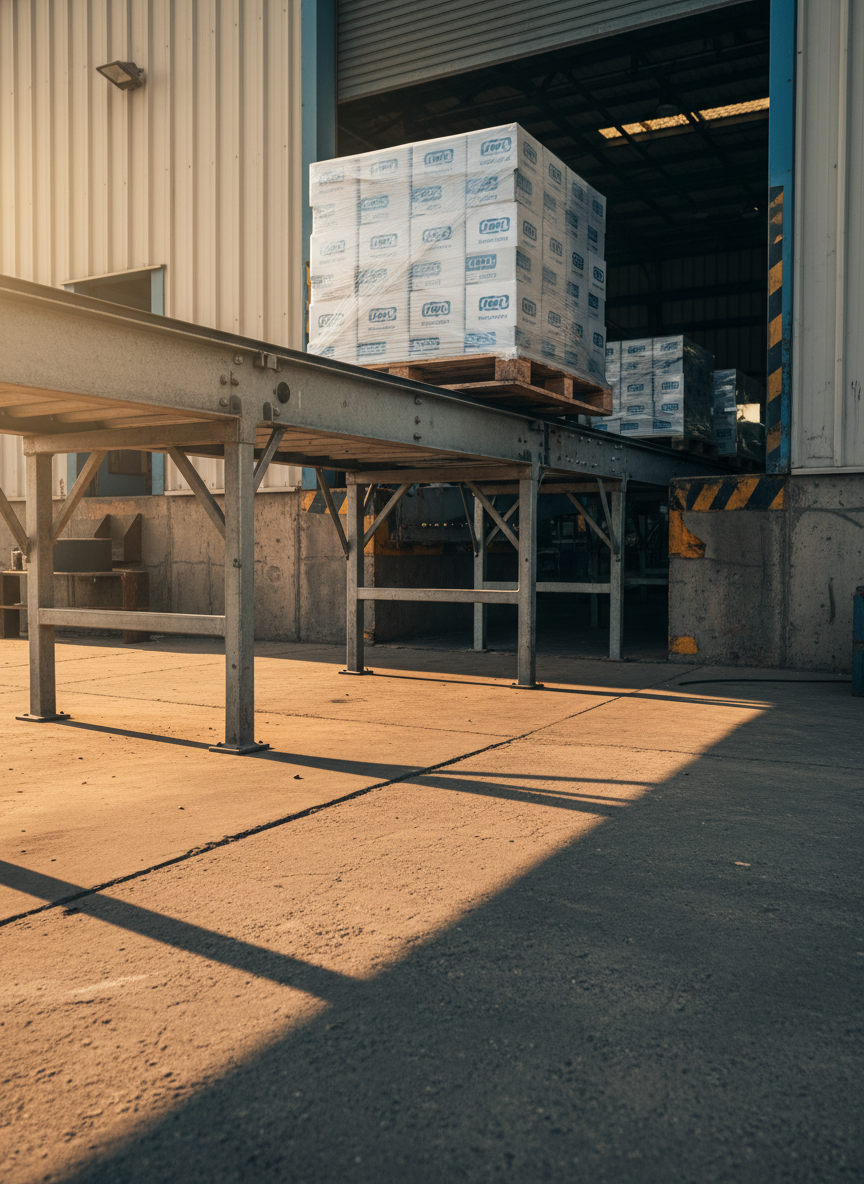 A rugged outdoor loading bay scene at a South African plant, where a finished pallet of shrink-wrapped cartons rolls out of the building on an extended heavy-duty roller conveyor. The pallet is wrapped tightly in clear film, revealing uniform boxes printed with generic branding, sitting on a weathered but sturdy wooden pallet. The conveyor frame is galvanized steel, anchored to a concrete apron leading to waiting trucks implied off-frame. Late afternoon sunlight creates warm, directional light, casting long shadows from the conveyor legs and pallet, while the interior factory behind appears cooler and more diffused. Photographed from a low side angle, the image emphasizes the transition from indoor automation to outbound logistics. The atmosphere is industrious, reliable, and grounded, rendered in realistic photographic style to highlight end-of-line completion and readiness for distribution.