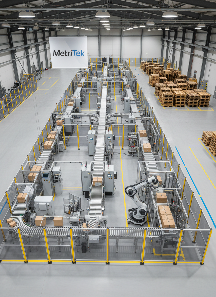 A bird’s-eye view of a fully automated end-of-line layout in a South African manufacturing facility, showing interconnected conveyors, multiple packers, and two palletising cells feeding finished pallets to a staging area. The equipment is predominantly stainless steel and powder-coated steel in neutral greys, arranged in a logical flow with clear pathways and marked safety zones in bright floor markings. The factory space has high ceilings with visible trusses and evenly spaced LED high bay lights, casting soft, diffuse illumination and subtle shadows that emphasize layout geometry. The composition uses a wide-angle, top-down perspective capturing the entire system with sharp focus, creating a schematic-like photographic image. The mood is strategic, organized, and forward-thinking, with a clean, professional industrial aesthetic that communicates MetriTek’s capability in designing integrated packaging automation solutions.