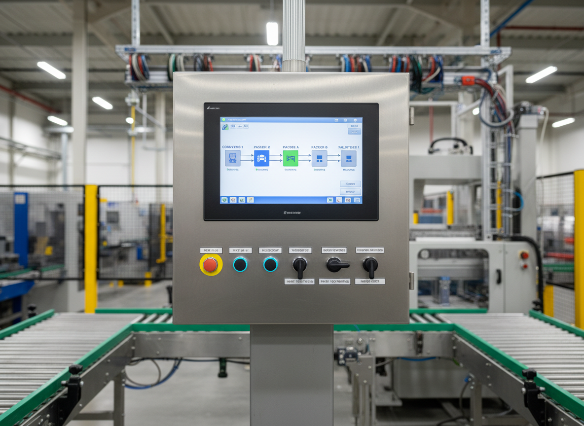 A sophisticated control panel for a packaging automation system, featuring a large industrial touchscreen HMI displaying a simple, intuitive line overview with conveyor sections, packers, and palletisers clearly illustrated. The stainless steel enclosure has smooth edges, a sealed door, and neatly arranged pushbuttons and selector switches below the screen, each labeled with crisp engravings. Mounted on a sturdy pedestal beside a conveyor line, the panel stands against a subtly blurred backdrop of machinery and cable trays. Soft, even LED factory lighting reflects gently off the panel’s metal surface without glare on the screen, ensuring legibility. Shot straight-on at eye level with a medium focal length, the composition centers the HMI interface, conveying clarity and control. The mood is precise, trustworthy, and high-tech, rendered in realistic, professional photographic style for a South African engineering brand.
