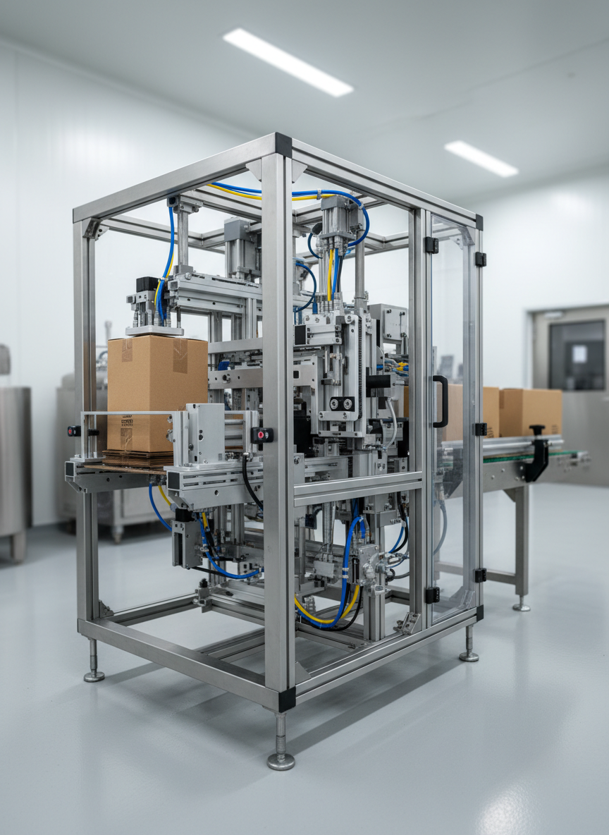 A detailed view of a compact case packer cell designed for food or consumer goods, with an open stainless steel frame revealing precision-machined guides, servo-driven actuators, and a neat pattern of sensors and pneumatic tubing. Flat-packed cartons are visible at the infeed, transitioning into fully formed, sealed cases on a short outfeed conveyor. The machine is installed in a hygienic production area with smooth, light-colored epoxy floors and washable wall panels, emphasizing cleanliness. Overhead LED strips provide bright, uniform lighting that highlights the brushed metal textures and clear plastic guarding while casting controlled shadows underneath the frame. Captured from a low three-quarter angle with moderate depth of field, the main mechanisms are in sharp focus while the background gently softens. The atmosphere is clinical yet efficient, emphasizing engineered reliability and modern photographic realism.