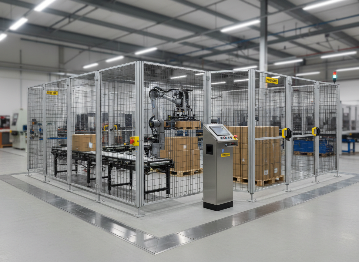 An integrated end-of-line cell featuring a compact palletiser stacking uniform corrugated boxes onto a wooden pallet beside a powered roller conveyor. The cell is framed by slim metal safety fencing with clear access gates, emergency stop stations, and neatly labeled control panels mounted on a steel pedestal. The environment is a well-lit industrial area with matte light-grey flooring, cable trenches covered by flush plates, and a tidy layout that suggests careful engineering. Neutral, evenly distributed factory lighting creates balanced illumination with minimal harsh contrast, highlighting the structural geometry of the machinery. Photographed from a slightly elevated corner angle, the composition guides the eye from infeed conveyor to palletiser to finished stacked pallet. The mood is orderly, dependable, and highly professional, portrayed with photographic realism and a clean, modern industrial aesthetic.